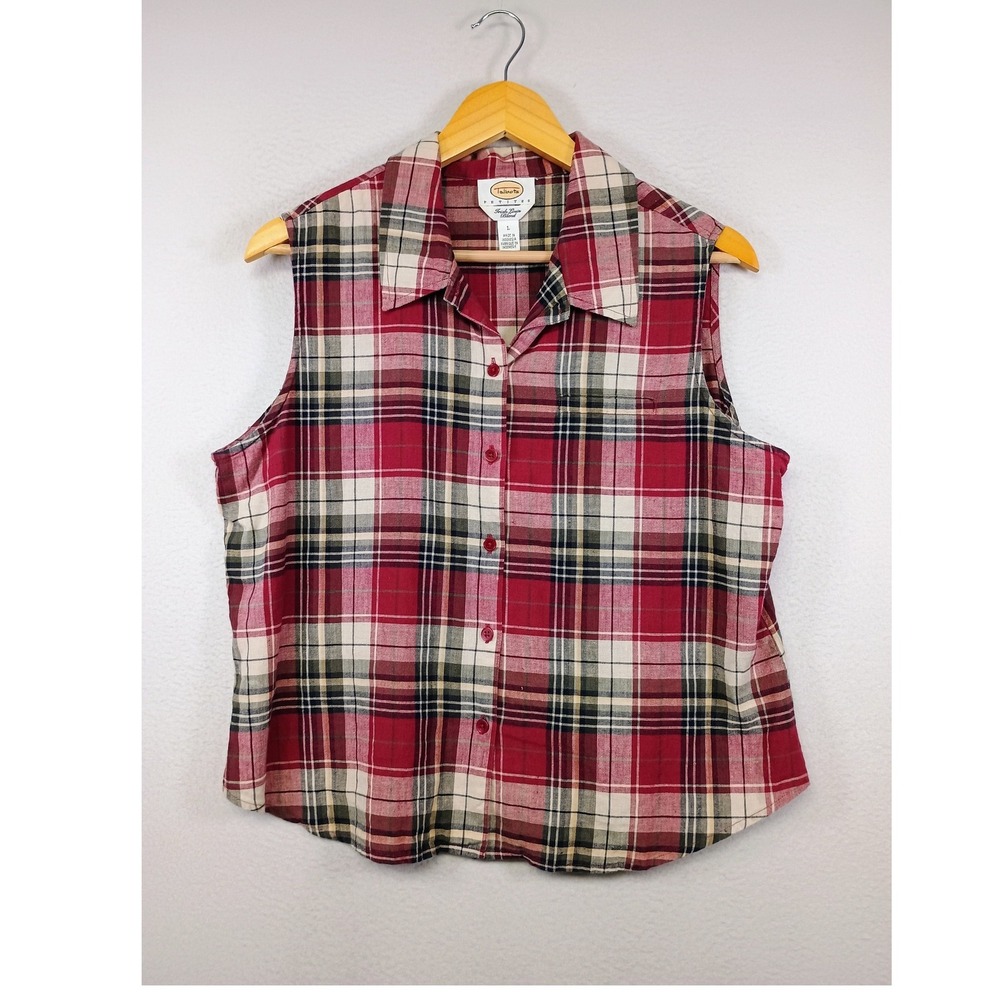 Preppy Talbots Petites Womens L Red Plaid Irish Linen Blend Sleeveless Shirt